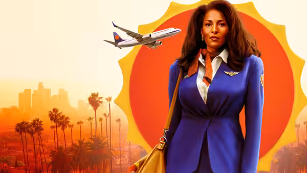 Jackie Brown (Pam Grier) standing before a large sun graphic with city skyline