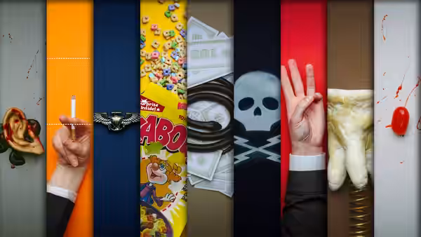Hands displaying objects including money, candy, a skull and a cigarette