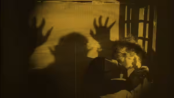 A woman recoils as a looming shadow reaches across the wall
