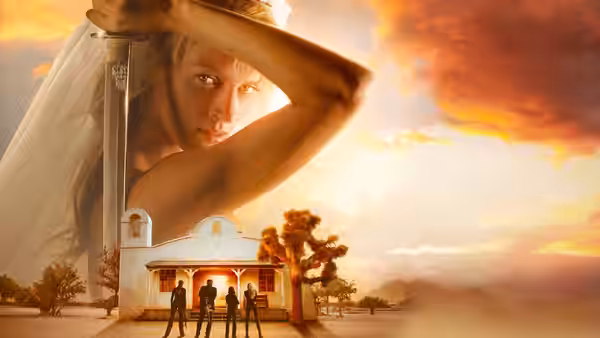 Beatrix Kiddo (Uma Thurman) with sword overlooking a chapel at sunset