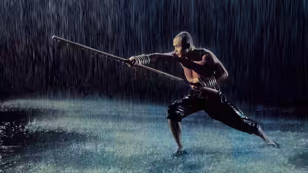 Liu Yu-de (Gordon Liu) thrusts a staff through the rain