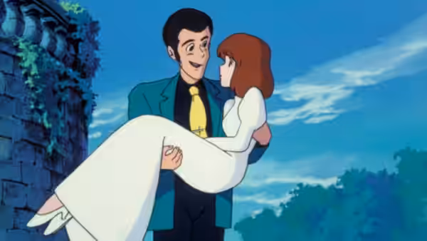 Arsène Lupin III (Yasuo Yamada) carries Lady Clarisse de Cagliostro (Sumi Shimamoto)
