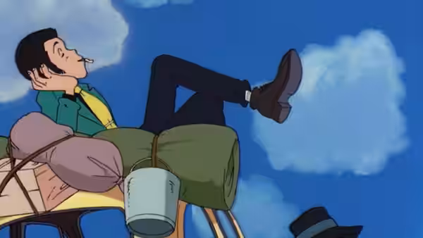 Arsène Lupin III (Yasuo Yamada) reclines atop a yellow car under blue sky