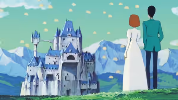 A man in green and a woman in white stand before a mountain castle