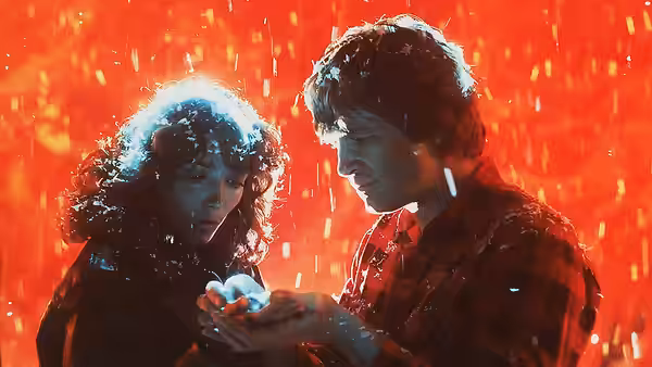 Starman (Jeff Bridges) and Jenny (Karen Allen) examine a glowing object in the rain