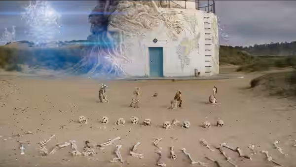 Team members kneel before a lighthouse amid scattered bones and a glowing entity