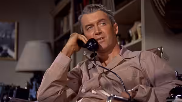 L.B. Jefferies (James Stewart) speaking on the telephone from his wheelchair