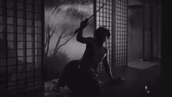 A silhouetted woman raises her arm inside a room of sliding screens