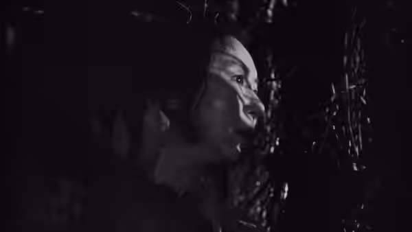 Genjurô (Masayuki Mori) peers through a dark screen