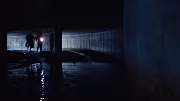 Two figures wade through a dark flooded passage, one carrying a light