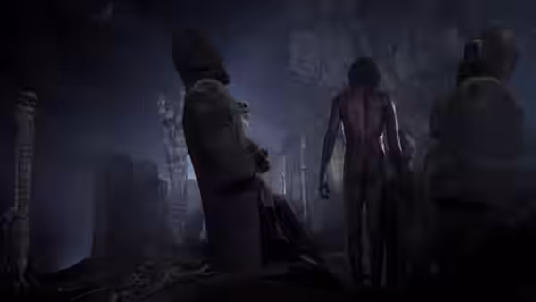 A naked man walks among towering stone figures in a shadowy cavern