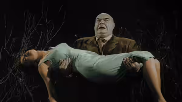 A bald man carries a limp woman through dark woods at night