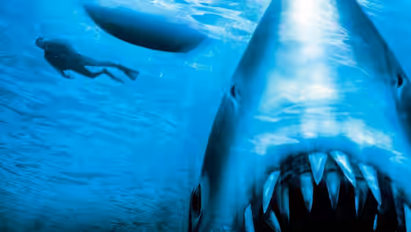 great white shark charging towards a diver in deep blue water
