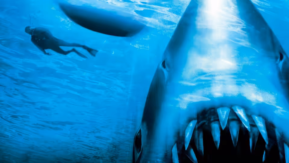 great white shark charging towards a diver in deep blue water