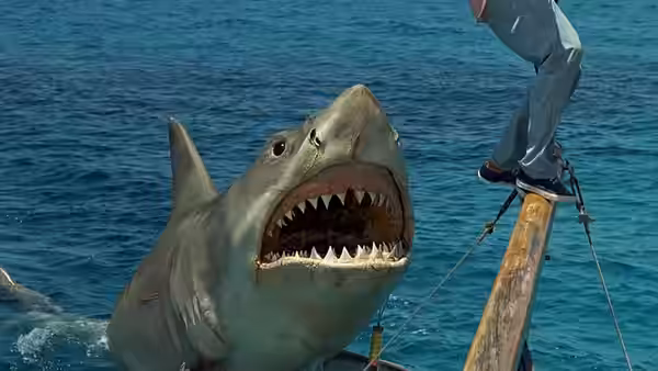 great white shark leaping from the sea at a man on a platform