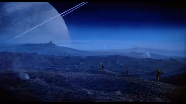 Group of figures stand on a rocky plain under a large planet