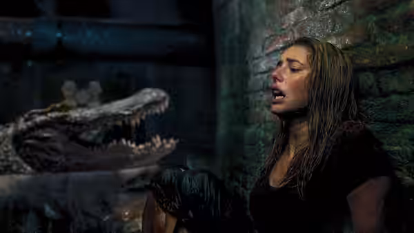 Haley (Kaya Scodelario) recoils beside a crocodile in a flooded crawlspace