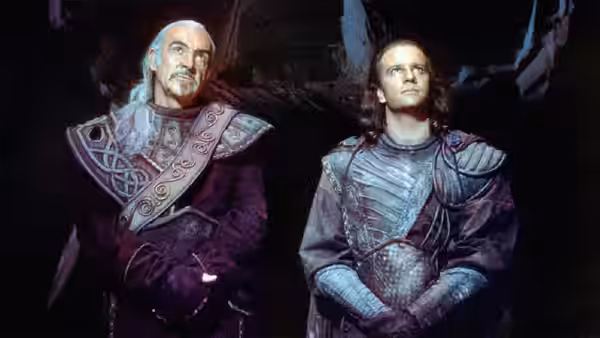 Ramirez (Sean Connery) and Connor (Christopher Lambert) in armor gazing upward