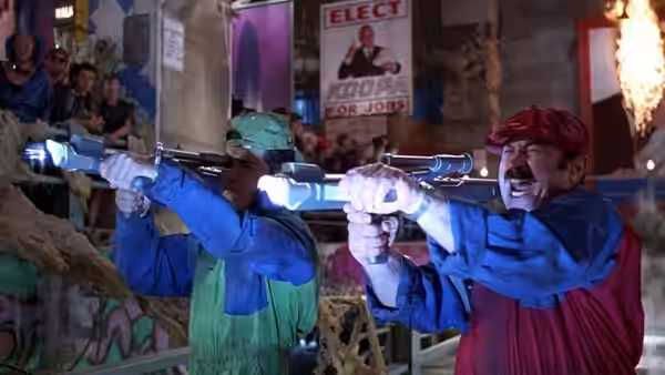 Luigi and Mario aiming glowing weapons in a crowded graffiti area