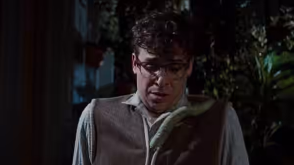 Seymour Krelborn (Rick Moranis) wearing glasses with a plant on his shoulder