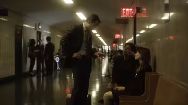 Jonathan Banks (Jude Law) addressing two seated women in a hospital corridor