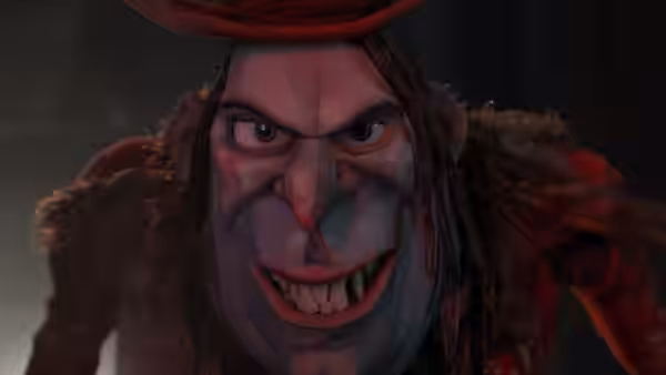 Snatcher (Ben Kingsley) grins beneath his red hat