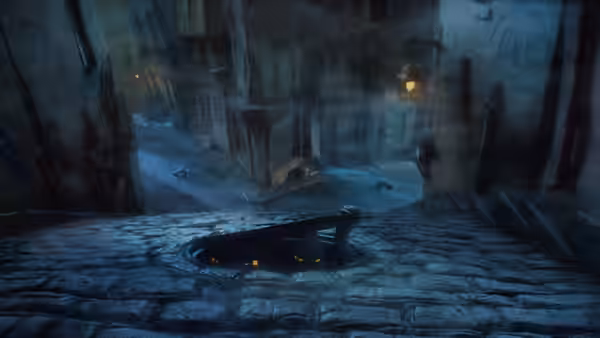 A shadowy figure lies beside an open manhole on a cobbled street