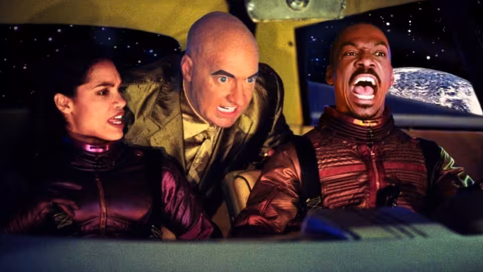 Woman and two men react inside a spaceship overlooking Earth