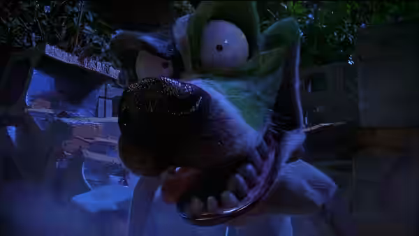 A snarling green and white dog-like creature bares its teeth