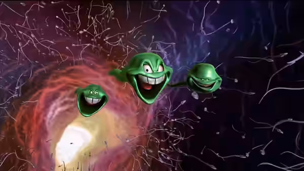 Three green cartoon heads fly through a swirling energy vortex