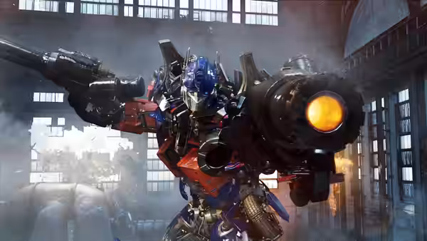 Optimus Prime firing a weapon inside a large warehouse