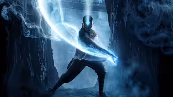Aang (Noah Ringer) bending glowing water in misty stone ruins
