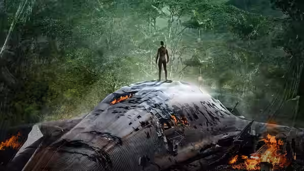 a figure standing atop wreckage of a crashed ship in a jungle