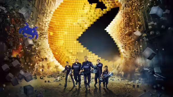 Five people in dark uniforms stand before a giant yellow Pac-Man devouring city buildings amid explosions and debris