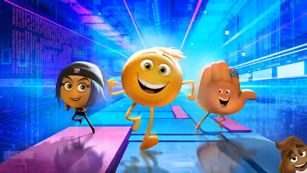 Gene (T.J. Miller) runs with Jailbreak (Anna Faris) and Hi-5 (James Corden) along glowing tiles