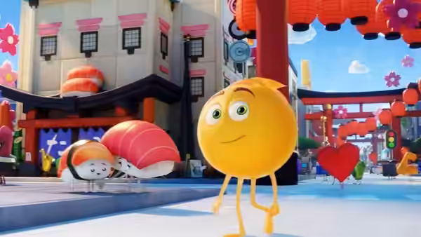 Gene (T.J. Miller) smiles while walking past two sushi characters in a lantern-lit square