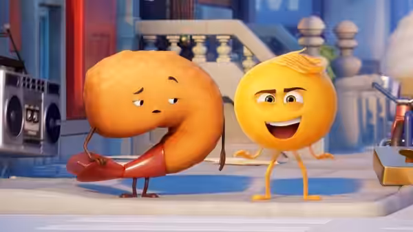 Gene (T.J. Miller) gestures beside a worried croissant character on a city street