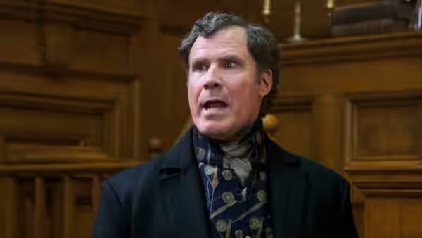 Sherlock Holmes (Will Ferrell) speaks inside a wood-panelled room