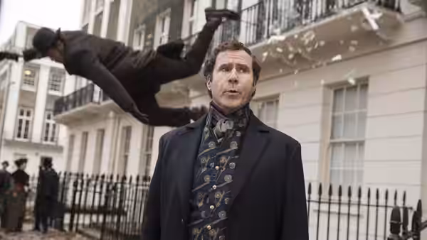 Sherlock Holmes (Will Ferrell) watches a man fall from a building above