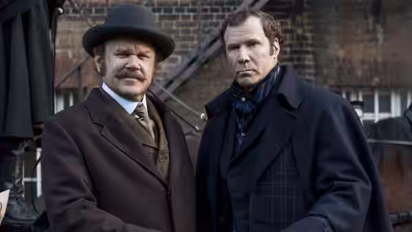 Dr. Watson (John C. Reilly) and Sherlock Holmes (Will Ferrell) stand on a street