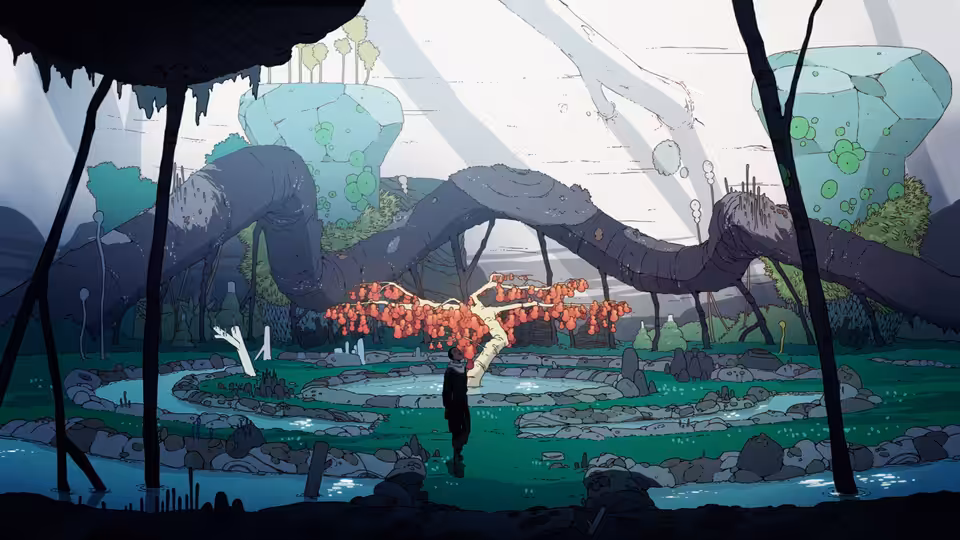 A lone explorer stands beneath enormous arching roots in a lush alien landscape