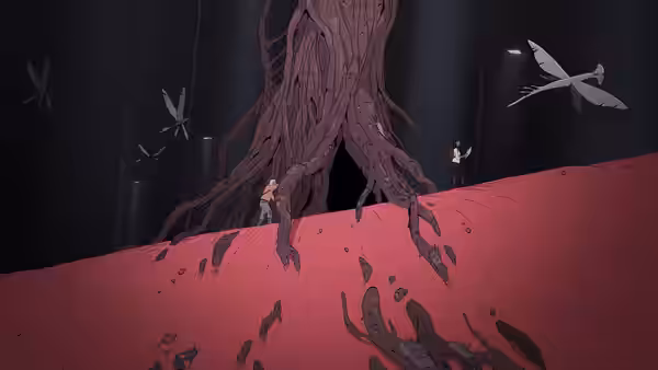 Two explorers approach massive roots across a red slope as winged creatures fly nearby