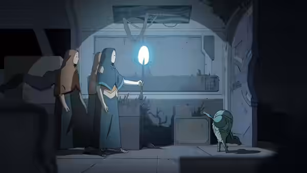Two women illuminate a small green creature inside a shadowy spacecraft