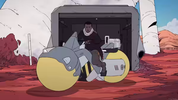 Azi (Wunmi Mosaku) rides a small yellow vehicle from an open cargo bay