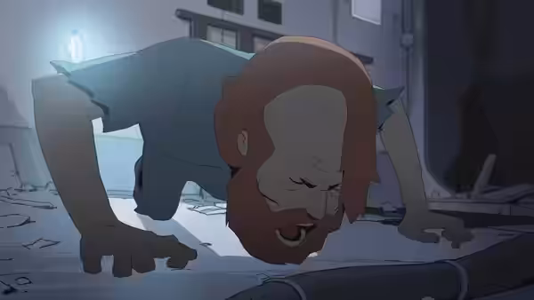 A red-haired man crawls across a metal floor inside a dim spacecraft