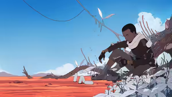 Azi (Wunmi Mosaku) crouches beside scattered canisters on a red alien plain