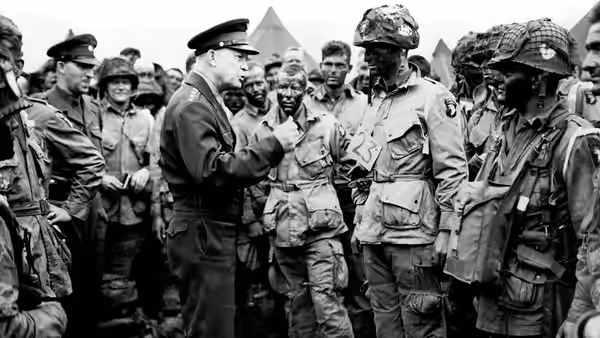 An officer addressing assembled soldiers in a wartime encampment
