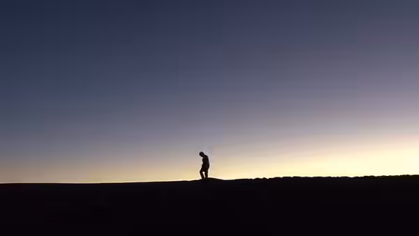 A lone figure walks along a dark desert ridge beneath the fading sky