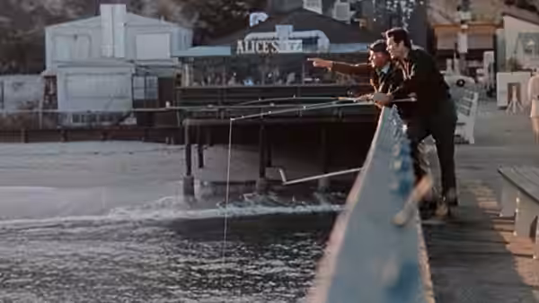 Jim Rockford (James Garner) stands on a pier pointing toward the water