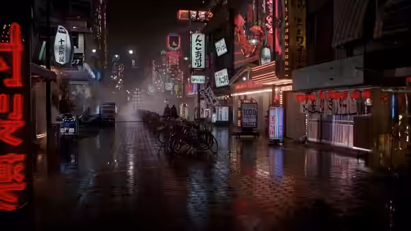 A rain-slicked Osaka street lined with neon signs, shops and parked bicycles